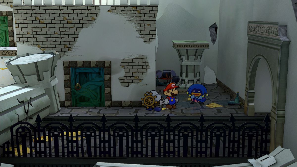 Mario stands in front of a blue jester named Dazzle in Paper Mario: The Thousand-Year Door.