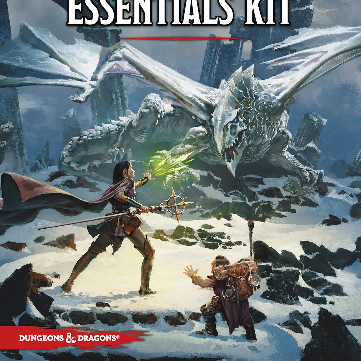 Omslagsbild för Dungeons & Dragons Essentials Kit visar en spelare-karaktär och deras sidekick som går upp mot en drake på en snöig kulle.