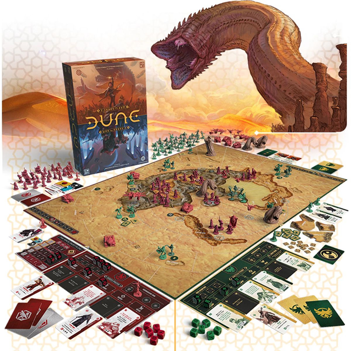 En återgivning av Dune: War for Arrakis arrangerad för spel.  Bitarna är röda och gröna, samlade runt en halvmåneformad uppsättning berg på en ökenfärgad spelplan.