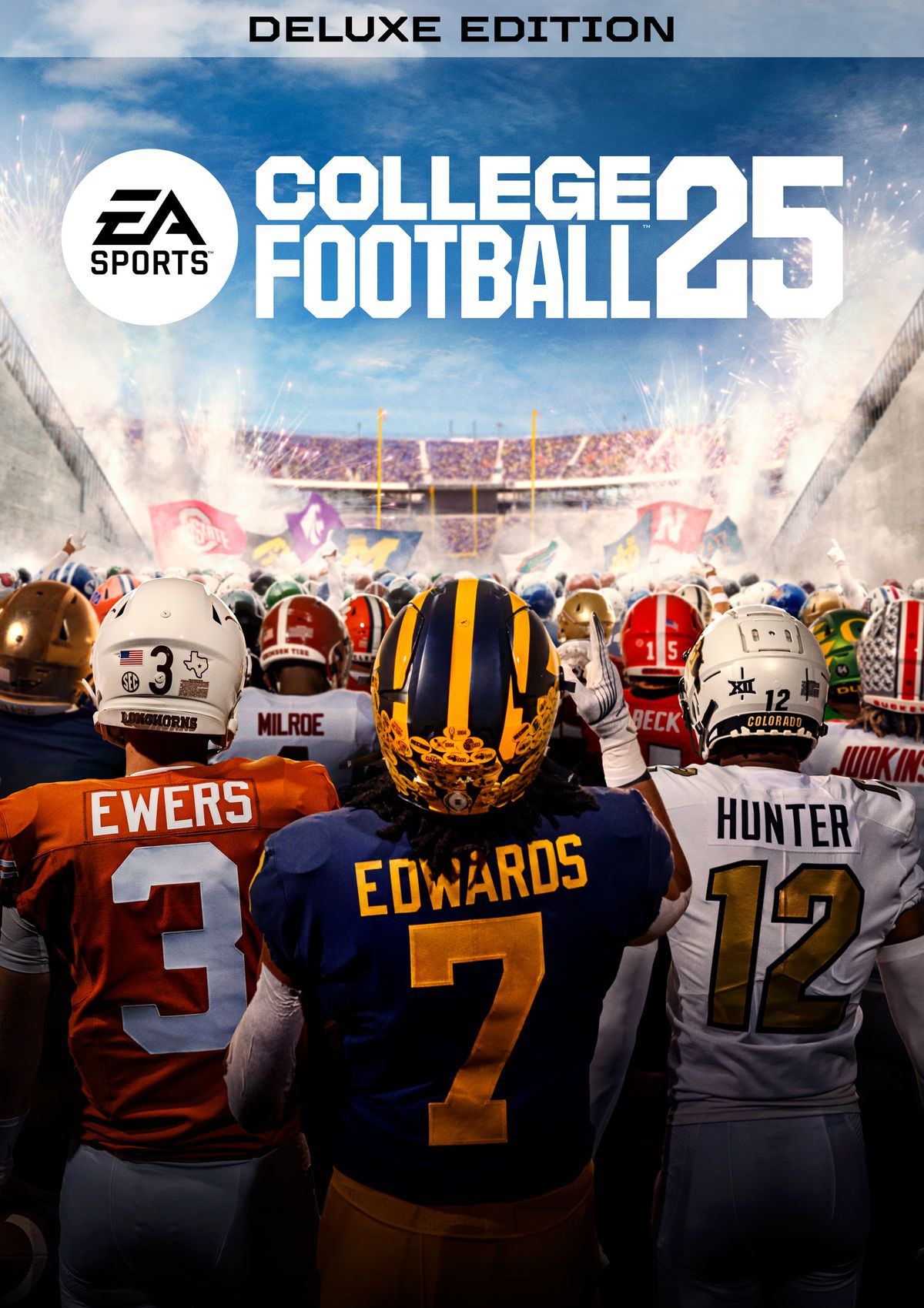 EA Sports College Football 25 Deluxe Editions omslag, med spelare från en mängd olika skolor (inklusive Quinn Ewers, Donovan Edwards och Travis Hunter) som går ut på en plan med fyrverkerier runt omkring dem