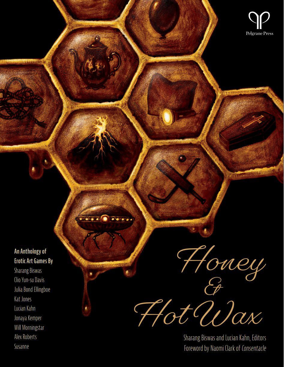 The cover of the Honey & Hot Wax LARP anthology, picturing a honeycomb on a black background, with objects within each cell, including a coffin, a UFO with dangling legs, a volcano, a teapot, and a balloon