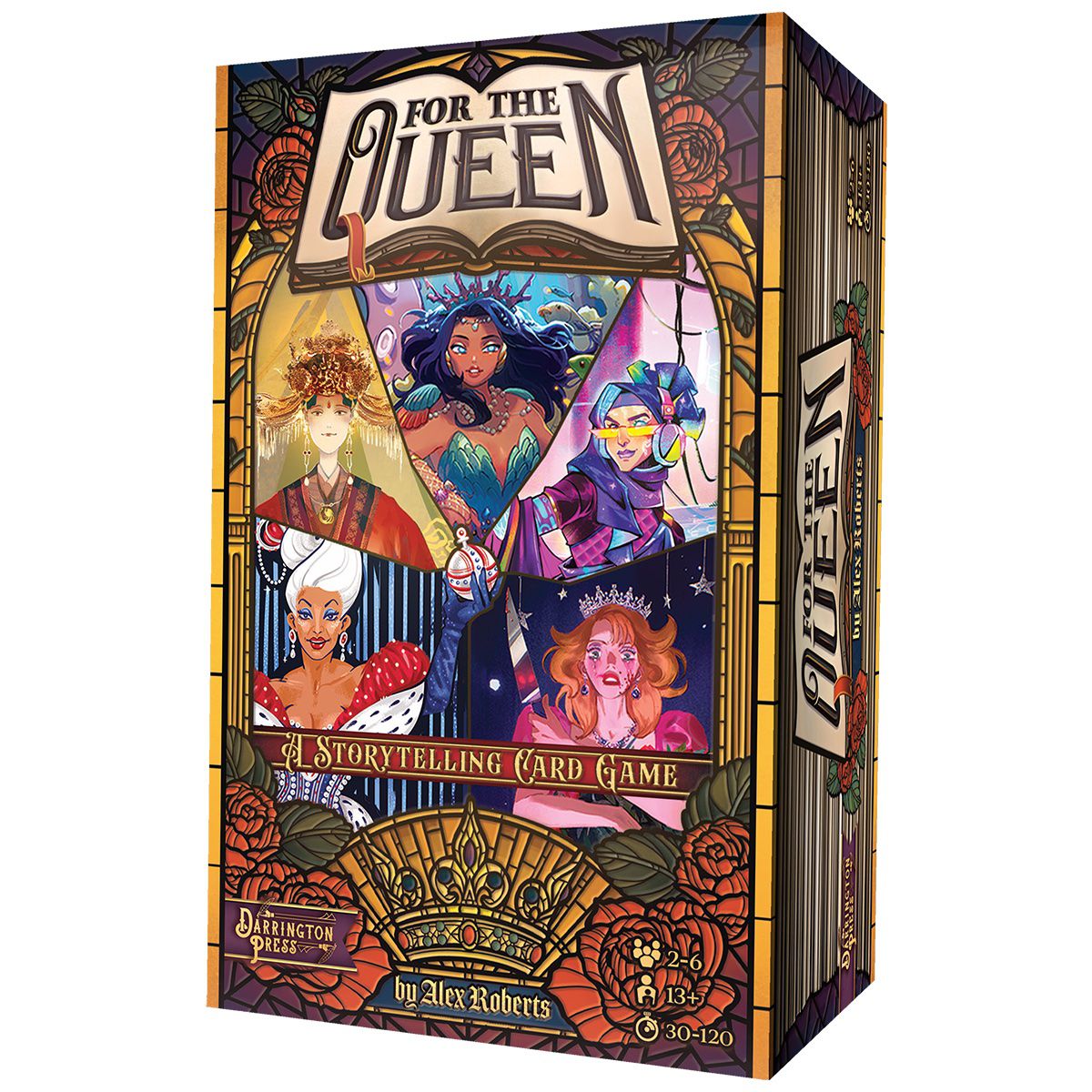 The second-edition game box for Alex Roberts’ indie card-based RPG For the Queen