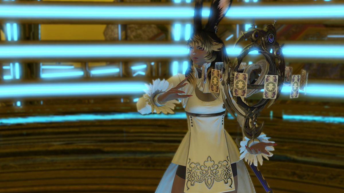 A Viera holds up a pretty plane golden Astrologian globe