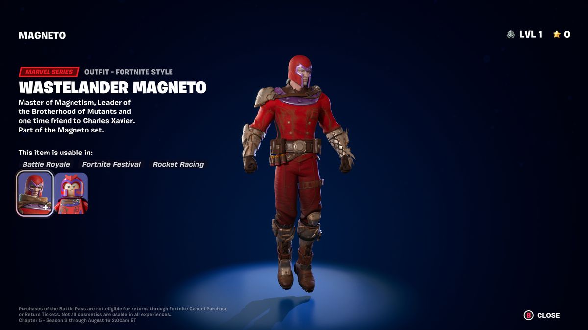 Magneto svävar framför en blå bakgrund i en skärmdump för Fortnite Chapter 5 Säsong 3.