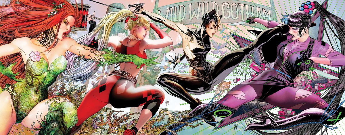 Poison Ivy, Harley Quinn och Catwoman möter Punchline på en ansluten bild med fyra omslag.