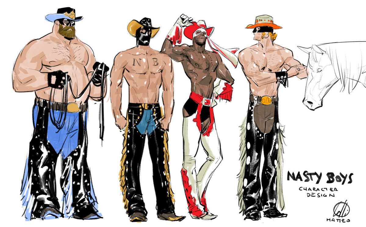 Karaktärsdesigner av fyra män av olika byggnader och hudfärger, alla bar överkropp från midjan och uppåt, med cowboyhattar, masker och tofsar över byxorna.