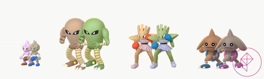 Tyrogue, Hitmonlee, Hitmonchan och Hitmontop med sina glänsande former i Pokémon Go.  Tyrogue blir grå med blå kläder, Hitmonlee blir grön, Hitmonchan blir en liknande grön med blå handskar och Hitmontop får rosa accessoarer.