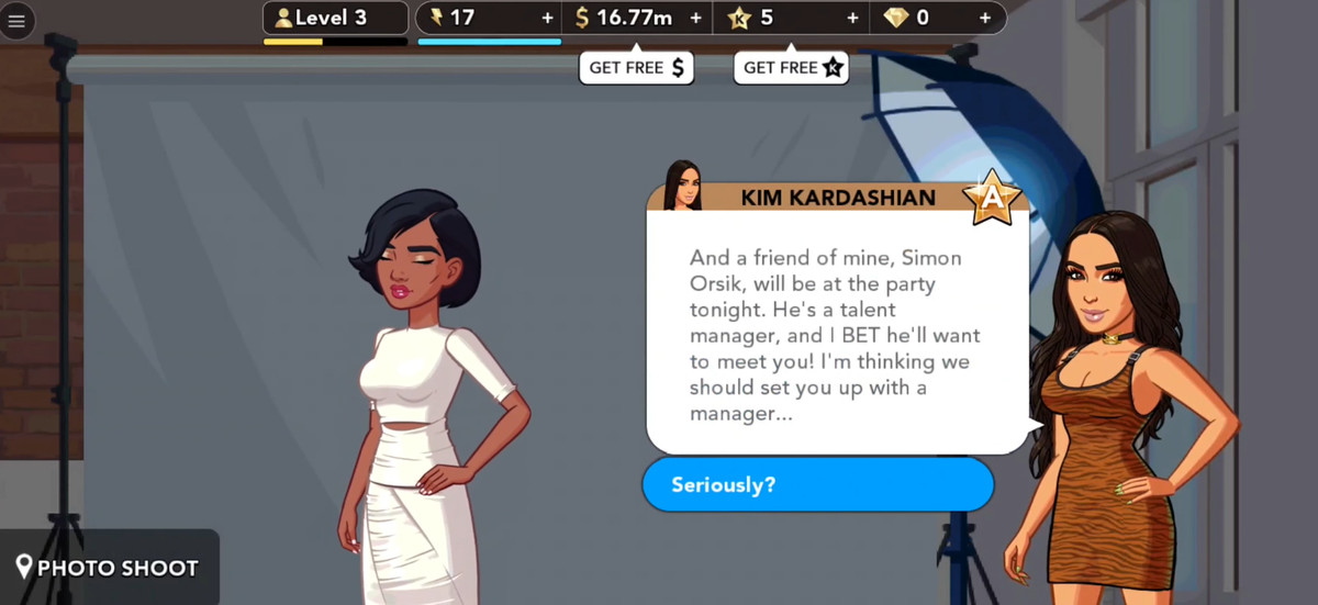 Kim Kardashian’s avatar in Kim Kardashian: Hollywood telling the player about a party tonight.