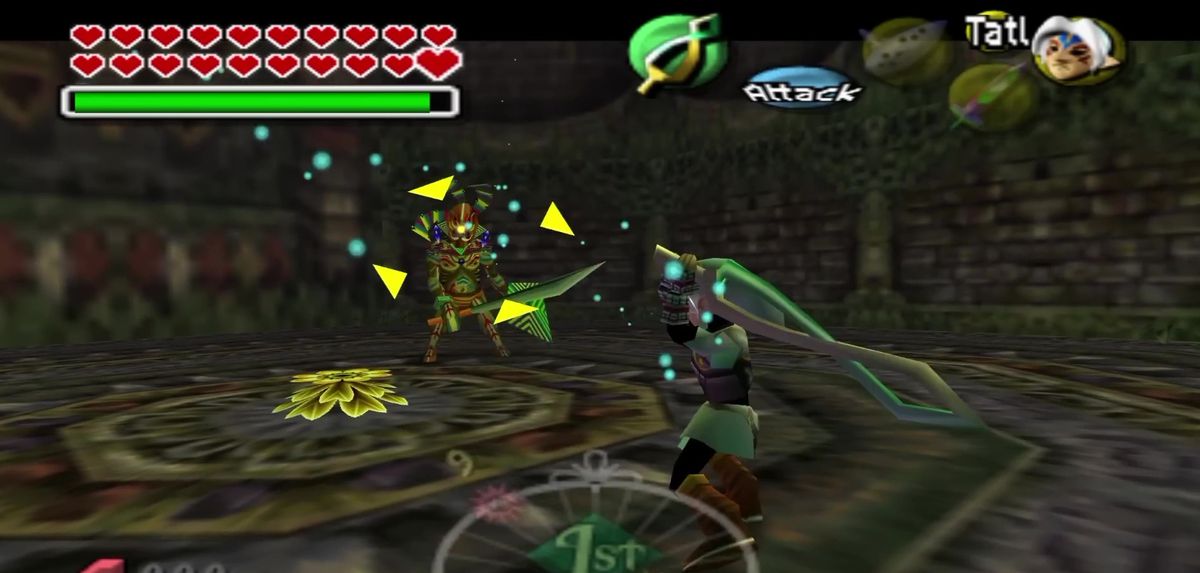 En bild av Fierce Deity Link som använder Fierce Deity-svärdet i en bosskamp i The Legend of Zelda: Majora's Mask.