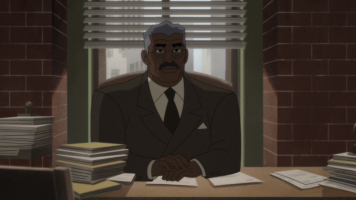 Kommissarie Gordon när han framträder i den animerade serien Batman: Caped Crusader, sittande bakom ett skrivbord