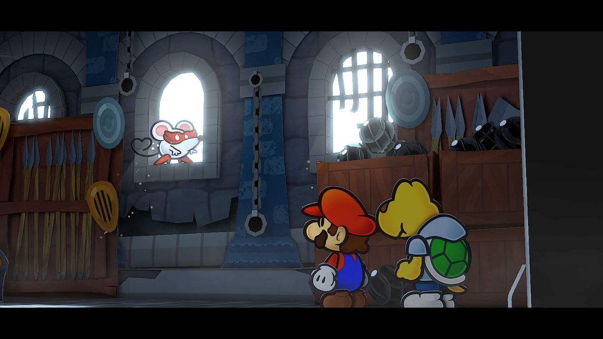 Paper Mario och Koops, en Koopa i en hoodie, tittar på en musbandit som står i ett slottsfönster i Paper Mario: The Thousand-Year Door