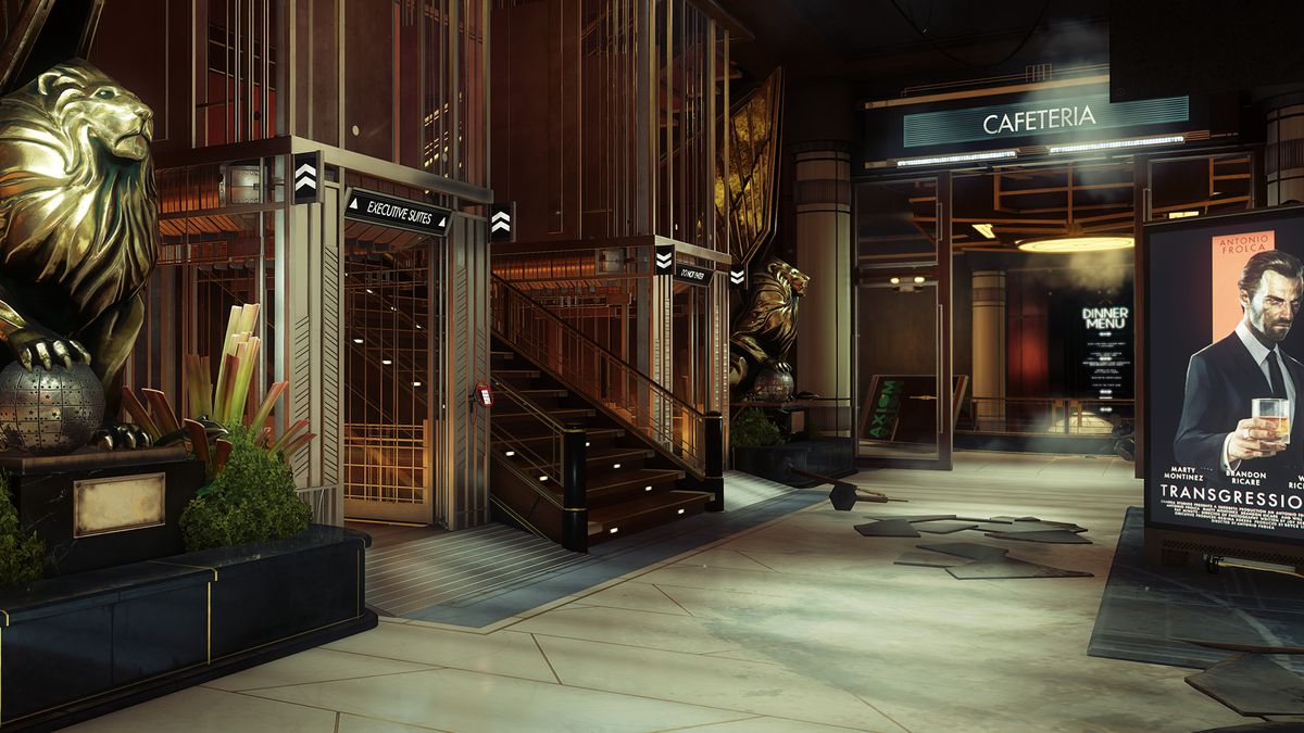 En lobby på rymdstationen Talos I, med hissar till vänster och cafeterian framför sig.  Lobbyn verkar orörd, med en skulpterad gyllene lejonstaty och en reklam för en film.