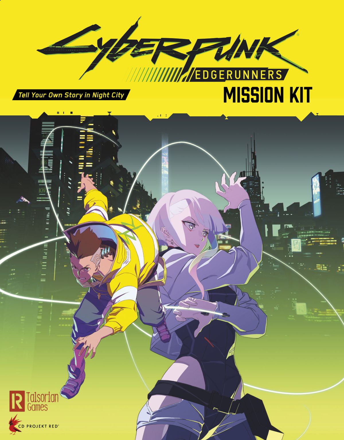 Boxkonst för Cyberpunk: Edgerunners Mission-kit, med nyckelkonst av David och Lucy från Cyberpunk: Edgerunners-animen.