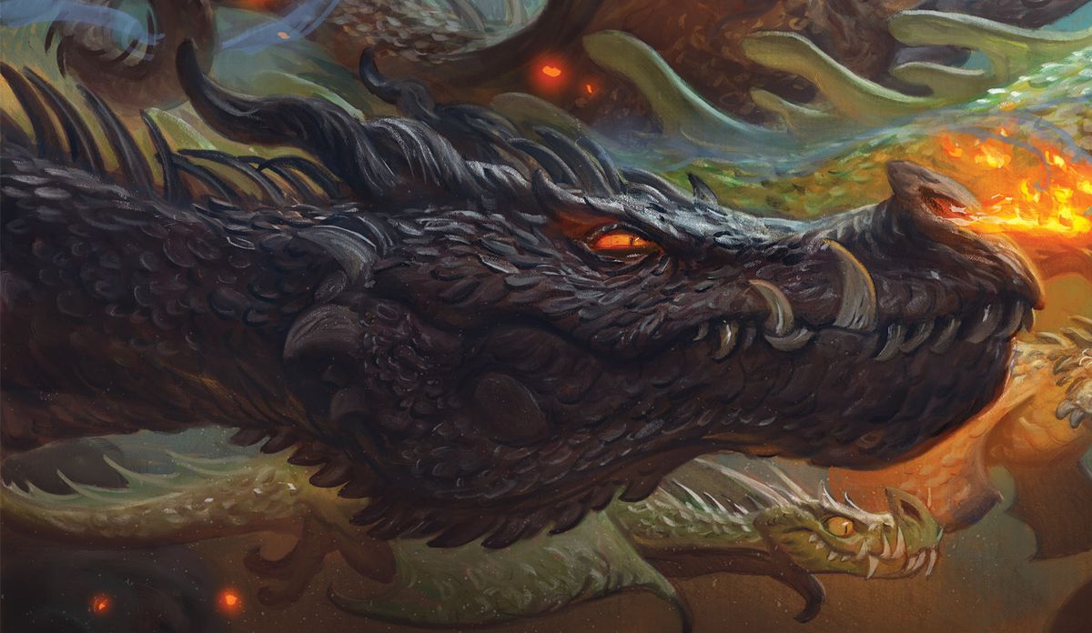 A detail from the endpaper art of I’m Afraid You’ve Got Dragons, with a black dragon with prominent fangs, fire-emitting nostrils, and a glowing orange eye