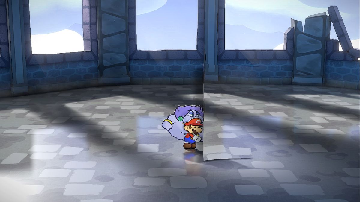 Mario och Flurrie blåser bort ett lakan i Hooktail's Castle in Paper Mario: The Thousand-Year Door