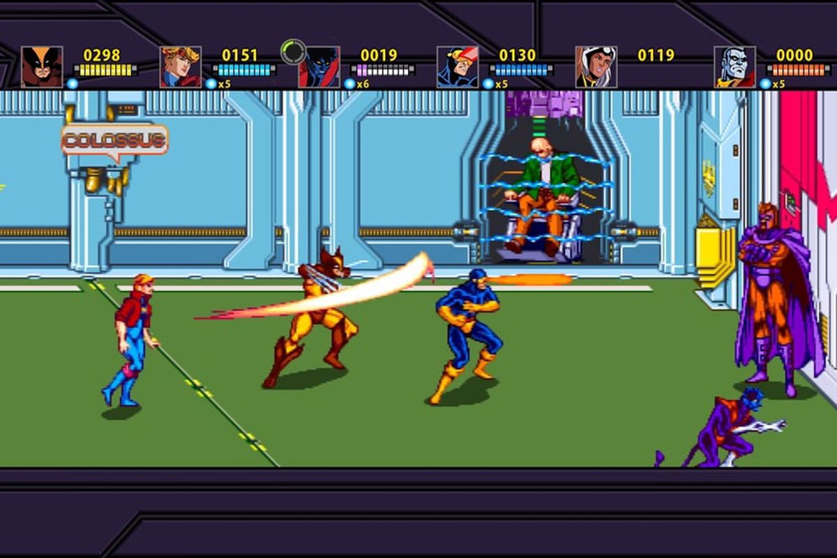 X-Men characters, including Wolverine, Cyclops, and Nightcrawler, fight Magneto in the X-Men arcade game