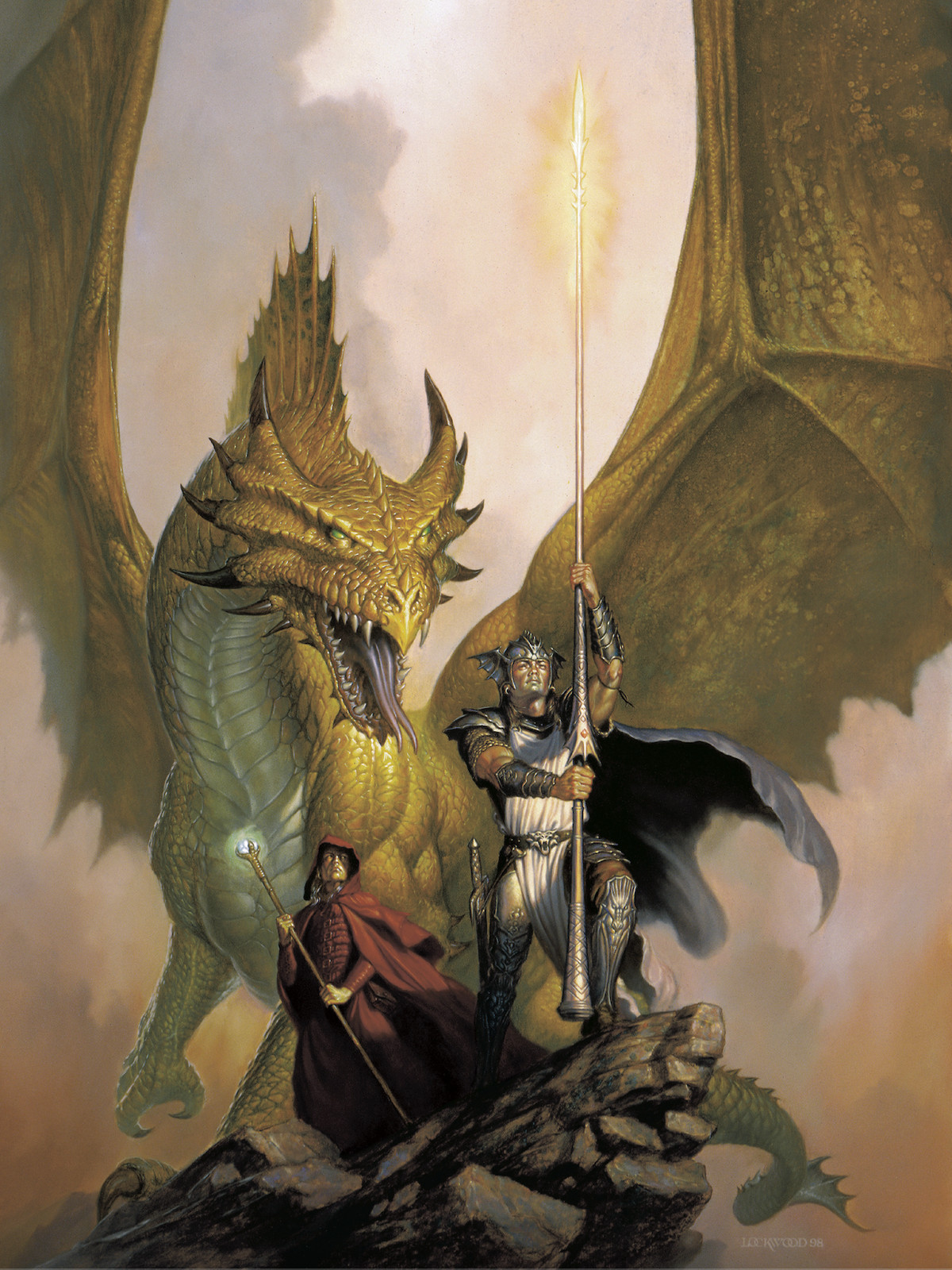 An illustration from the D&D book Worlds & Realms. It shows a warrior wearing a white tunic and armor holding up a glowing dragonlance on the edge of a rock outpost. Behind them is a person wearing a hooded red cloak holding a staff across their body. In the background is a massive golden dragon staring a head with its wings spread and tongue out as if caught mid-roar.