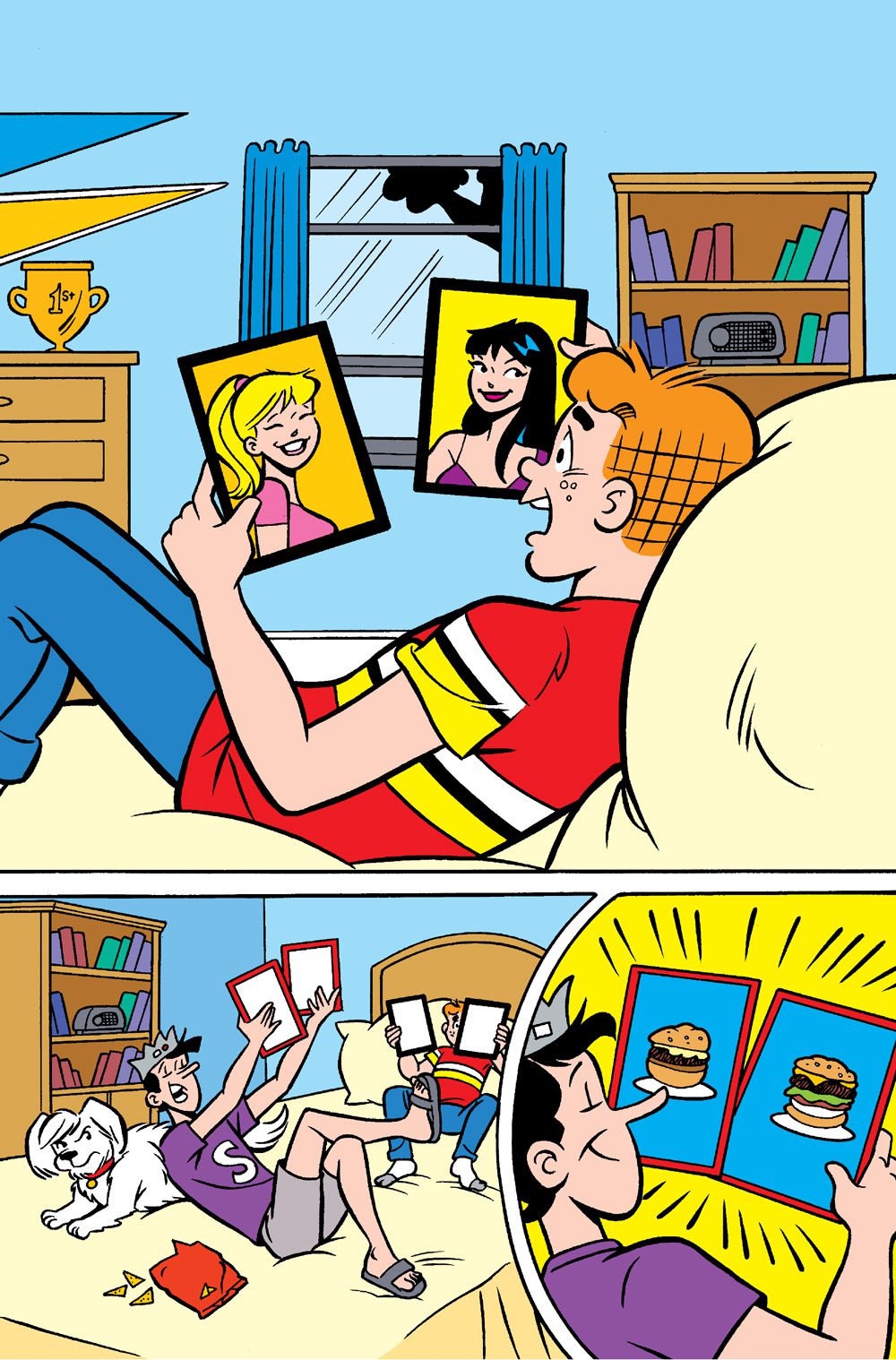 En sida från Archie: The Decision där Archie ligger på sin säng och håller bilder på Betty och Veronica, medan Jughead ligger nära honom och tittar på bilder på två cheeseburgare