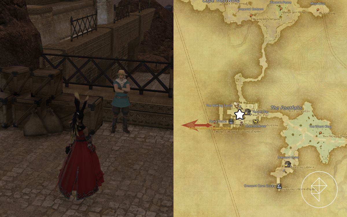 En FFXIV-karta som visar var man kan hitta Nedrick Ironheart i västra Thanalan