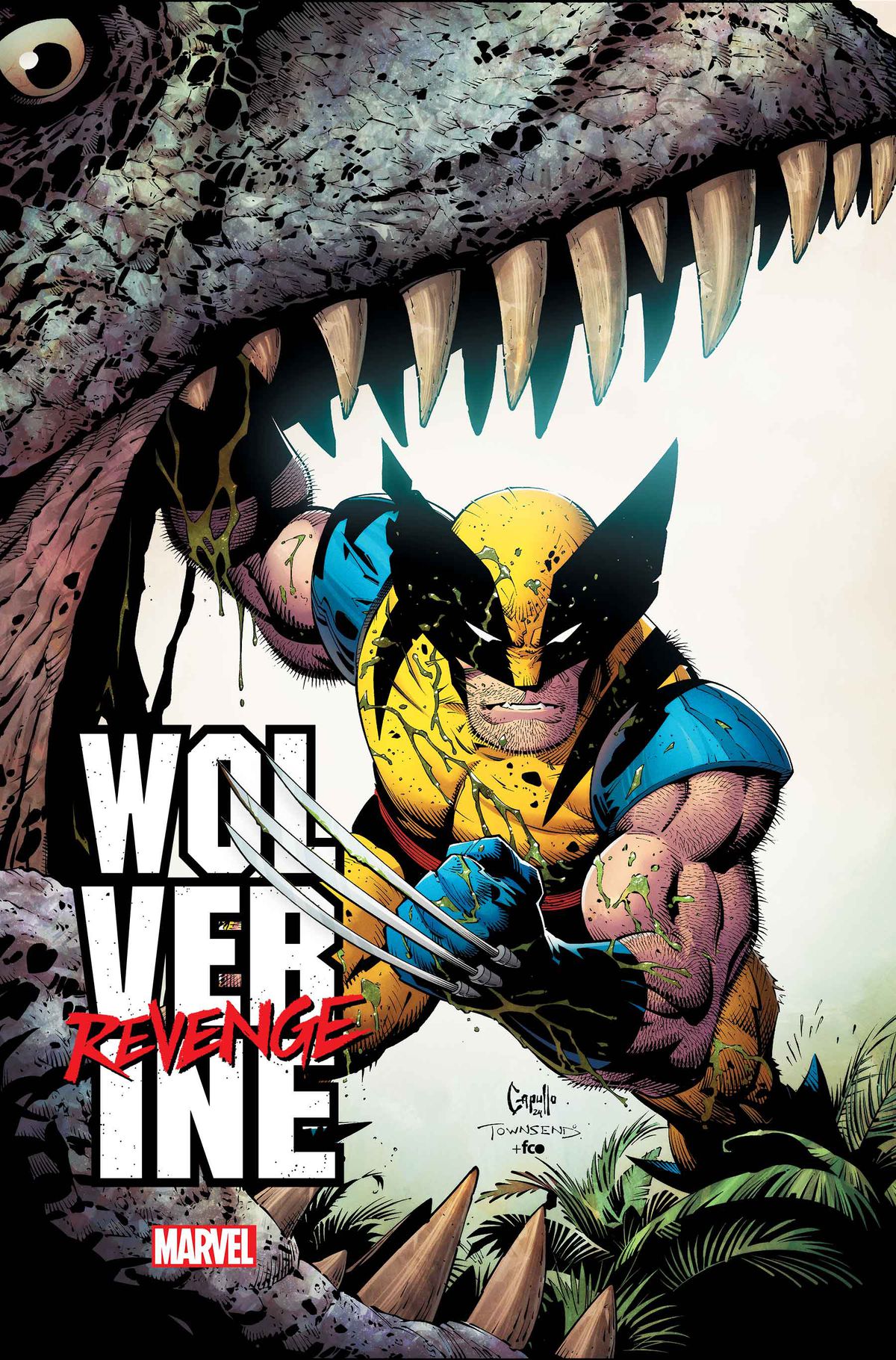 Wolverine viftar med en klo på omslaget till Wolverine: Revenge #1.  Han står i käkarna på vad som ser ut som en tyrannosaurus och håller sin mun öppen med sin andra hand.