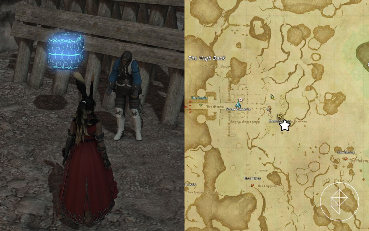 En sorglig NPC bredvid en fyrkantig nod i FFXIV