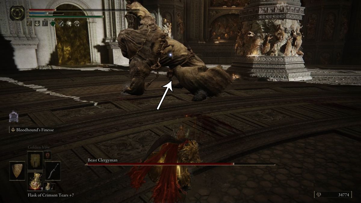 An Elden Ring player dodges one of Maliketh’s sweep attacks in the boss fight.