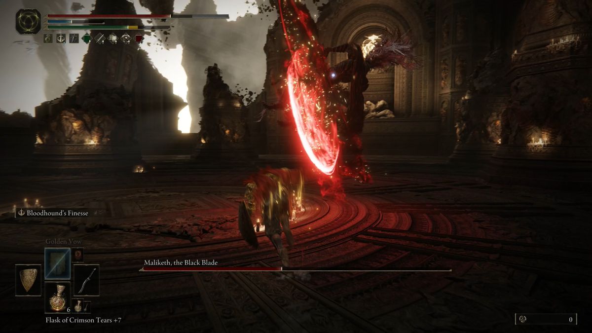 Maliketh uses his sword during an Elden Ring boss fight.