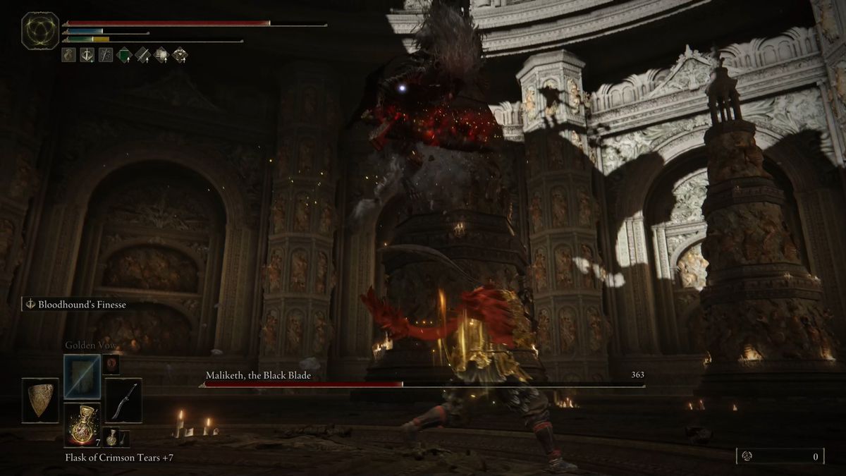 Maliketh stands on a pillar during an Elden Ring boss fight.