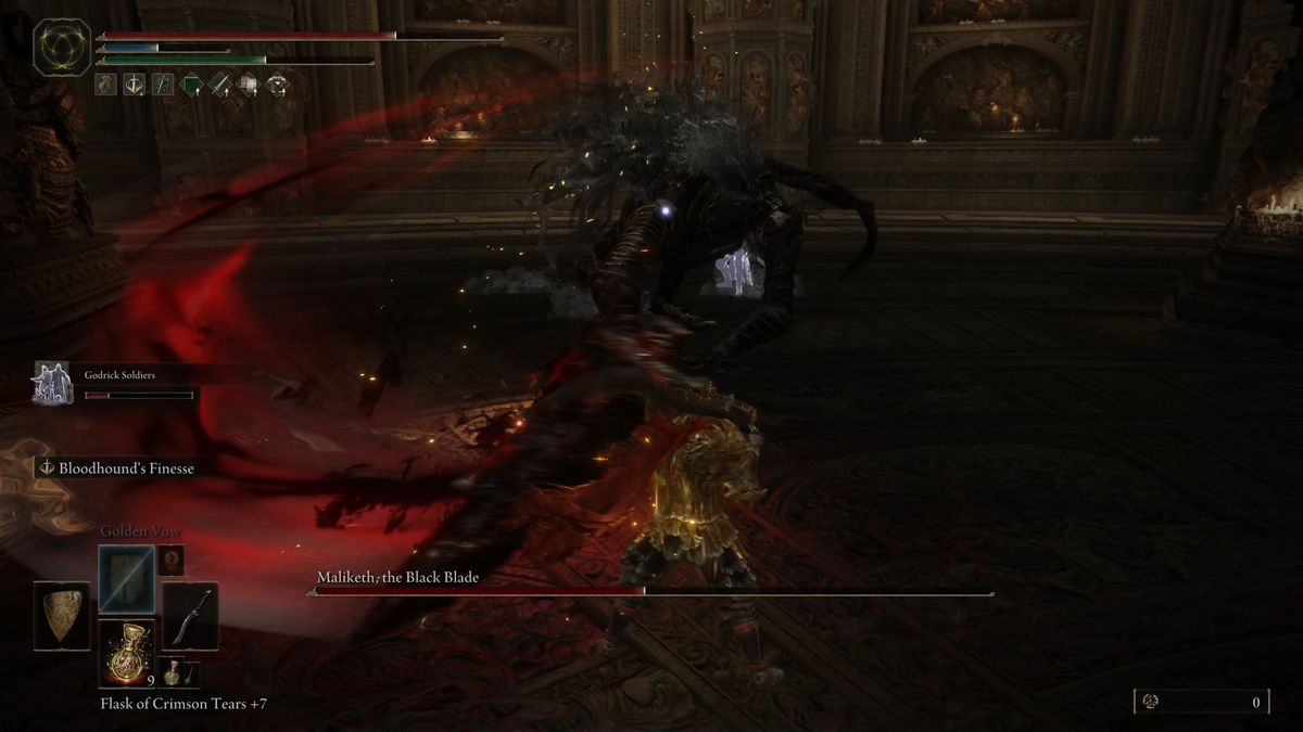 Maliketh performs a sweeping attack in an Elden Ring boss fight.