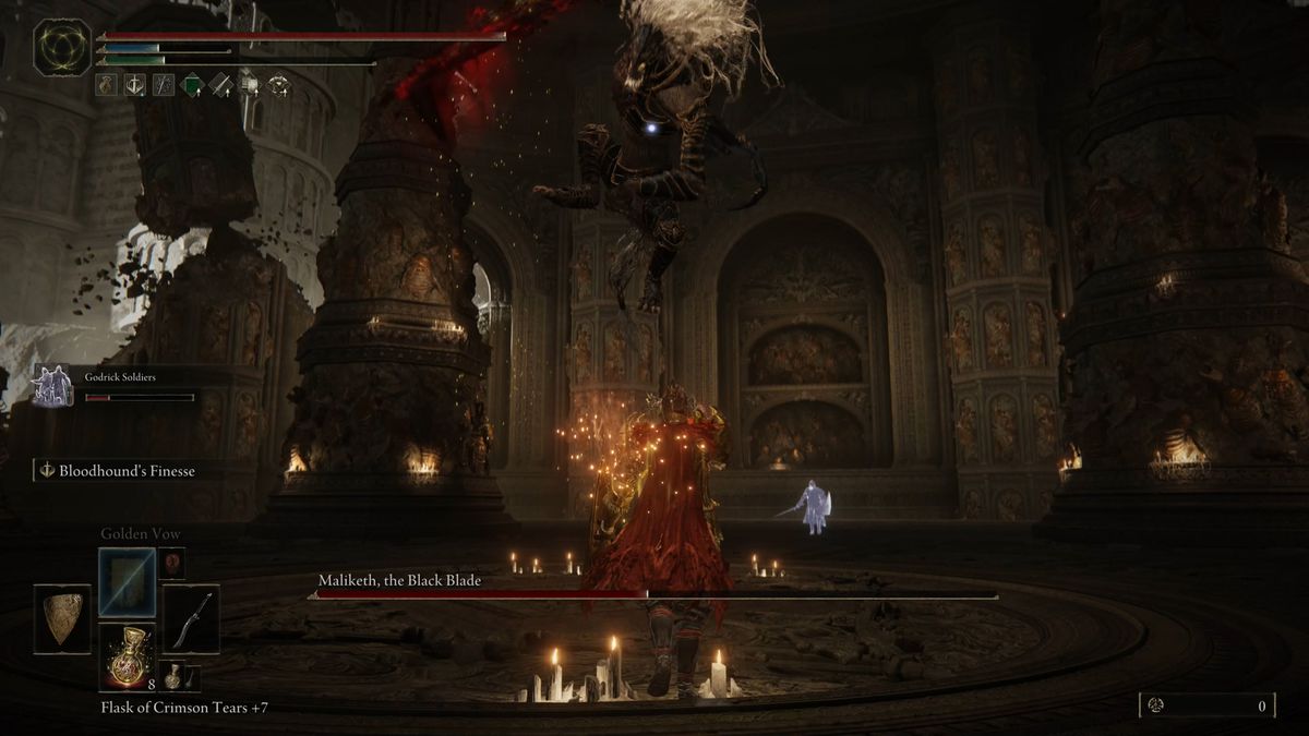 Maliketh performs a jump attack during an Elden Ring boss fight.