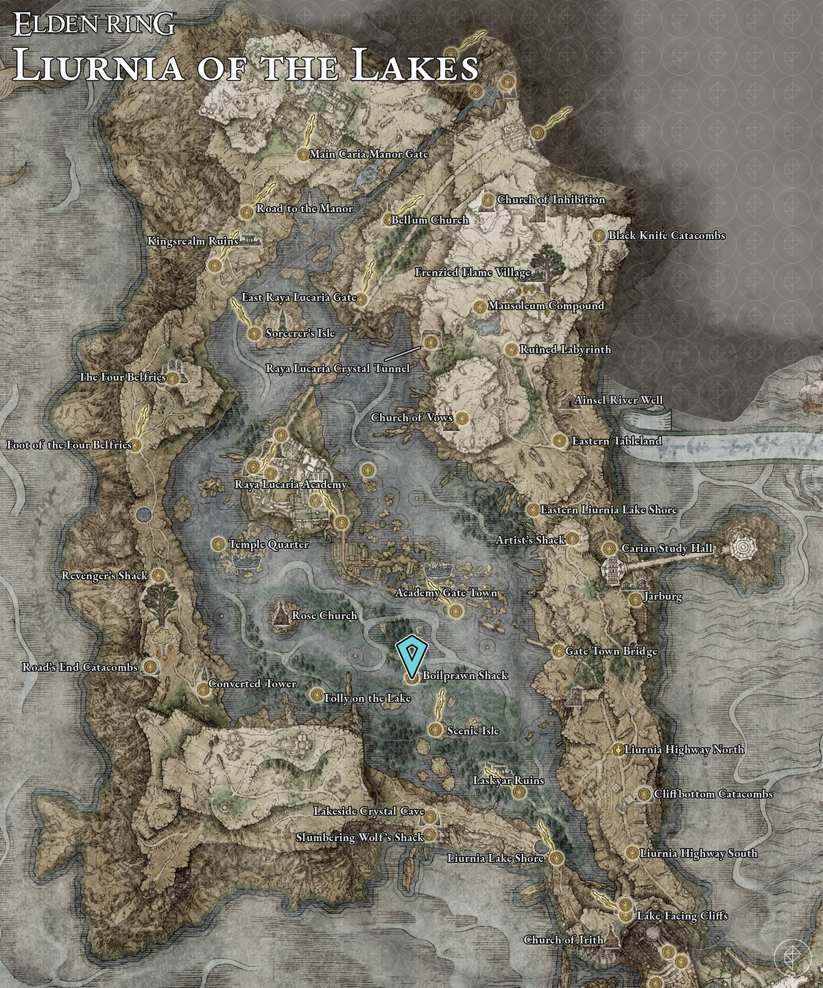 Elden Ring Liurnia map showing the location of the Boilprawn Shack