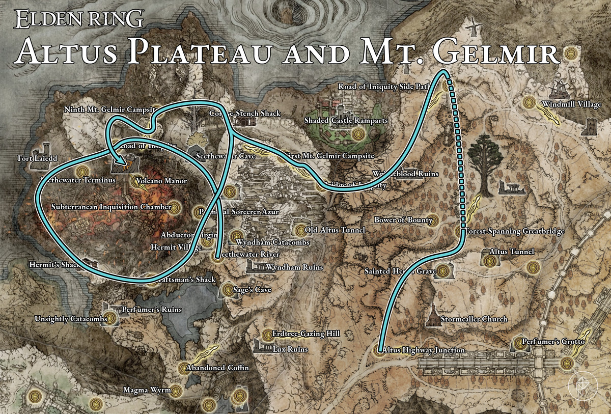 Elden Ring map showing overland routes to Volcano Manor