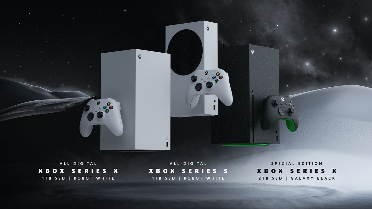 En bild av en vit heldigital Xbox Series X, en vit Series S med 1 TB lagringsutrymme och en svart Series X med 2 TB lagring