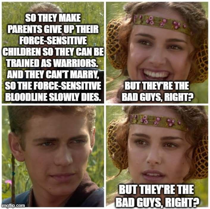 Ett meme med fyra paneler med bilder av tonåringen Anakin Skywalker (Hayden Christensen) och Padmé Amidala (Natalie Portman) från Star Wars: Episod II – Attack of the Clones.  Panel 1, Anakin: 