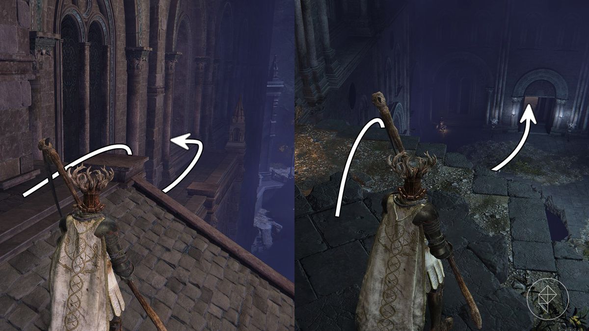 A split graphic showing how to get inside a gothic building, and the route to get to the bottom floor of said building in Nokron, Eternal City, of Elden Ring.