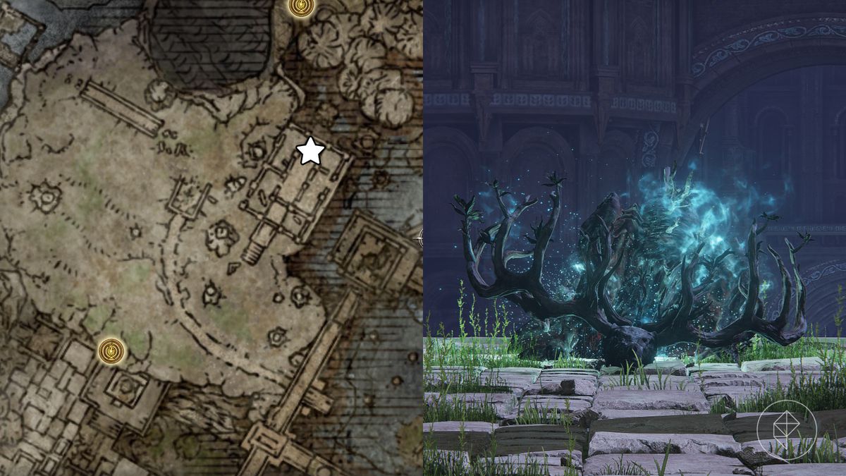 Location of the Regal Ancestor Spirt marked on the map of the Hallowhorn Grounds, which are located in Nokron, Eternal City, of Elden Ring.