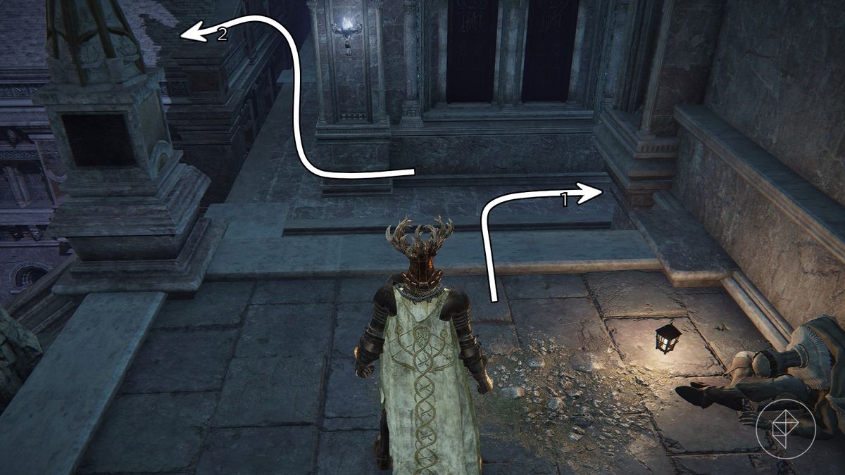 An image of the playable character of Elden Ring and arrows depicting which direction to go first in Nokron, Eternal City.