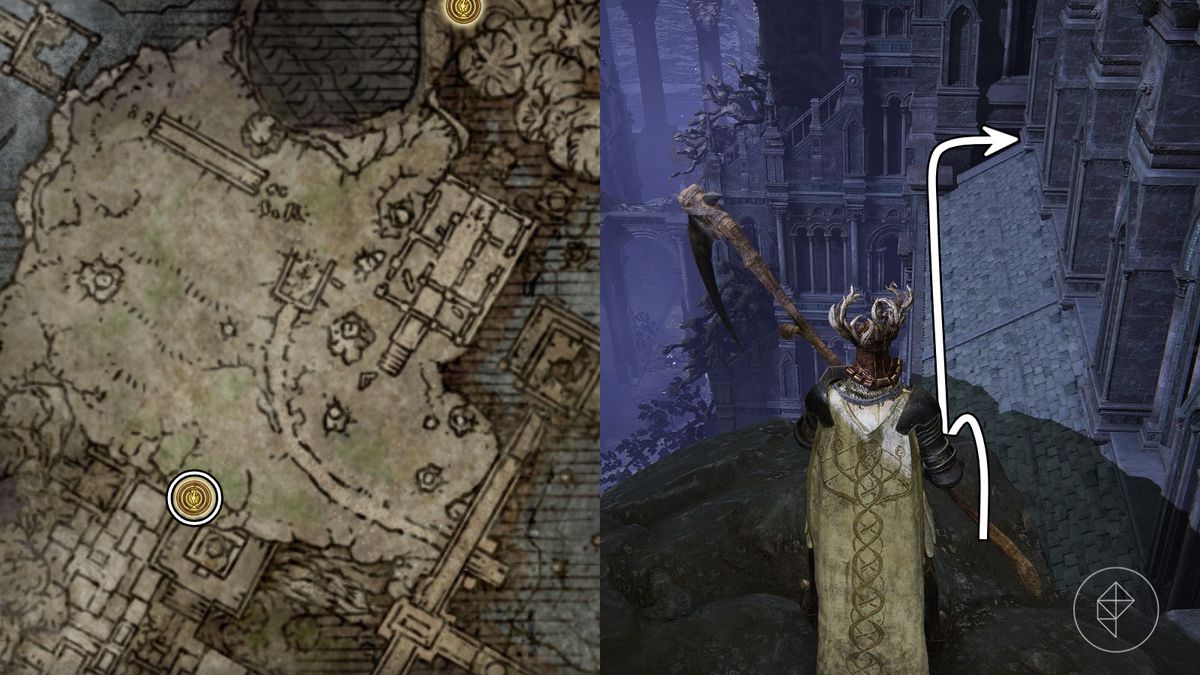 A map depicting the location of the Ancestral Woods grace in Elden Ring, and how to enter the Night’s Sacred Ground.