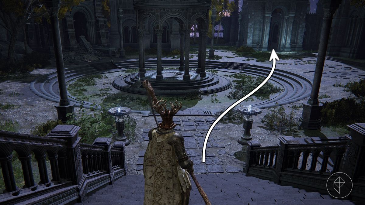 The playable character of Elden Ring standing at the top of a set of stairs in front of a gazebo in the eternal city, Nokron.