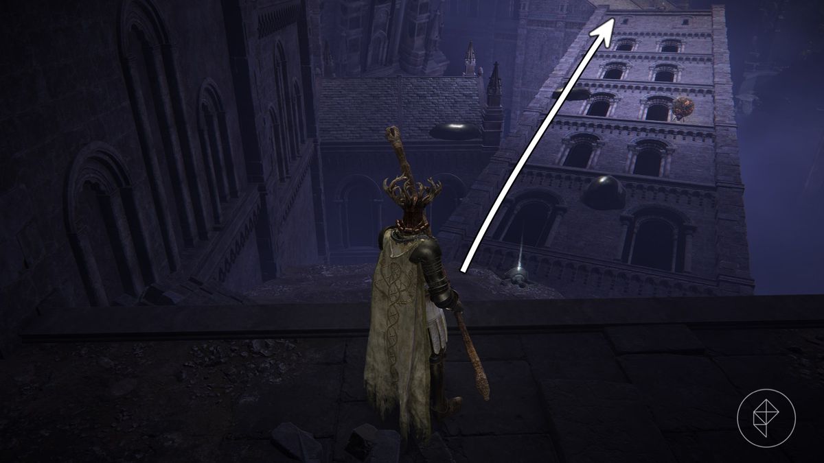 The playable character of Elden Ring standing in front of a lopsided building in Nokron, Eternal City.