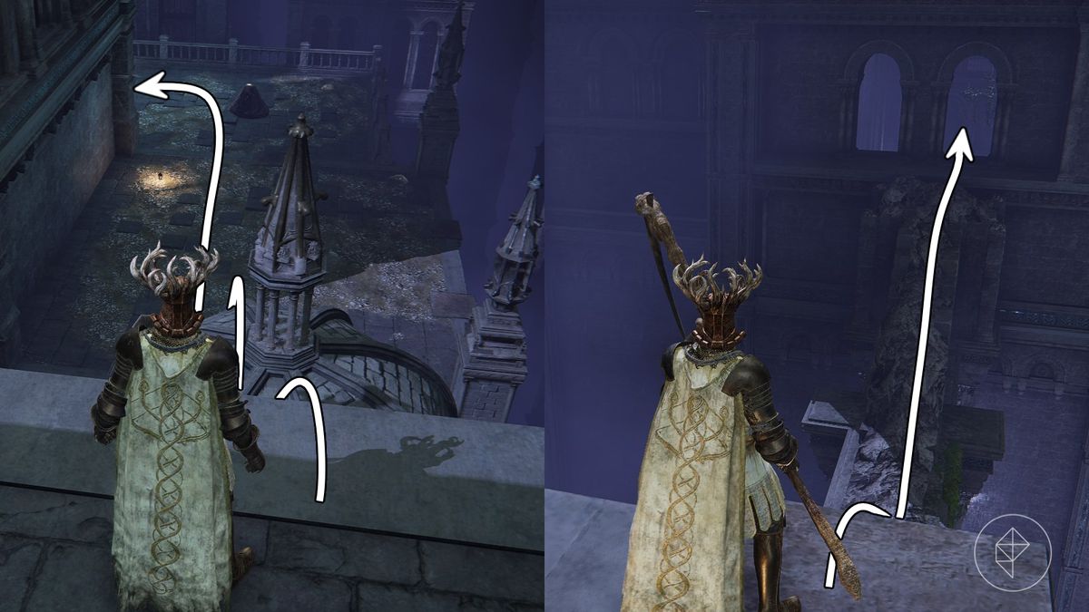 A split graphic depicting how to jump from roof to roof in the Night’s Sacred Ground and how to enter a gothic style building in Nokron in Elden Ring.