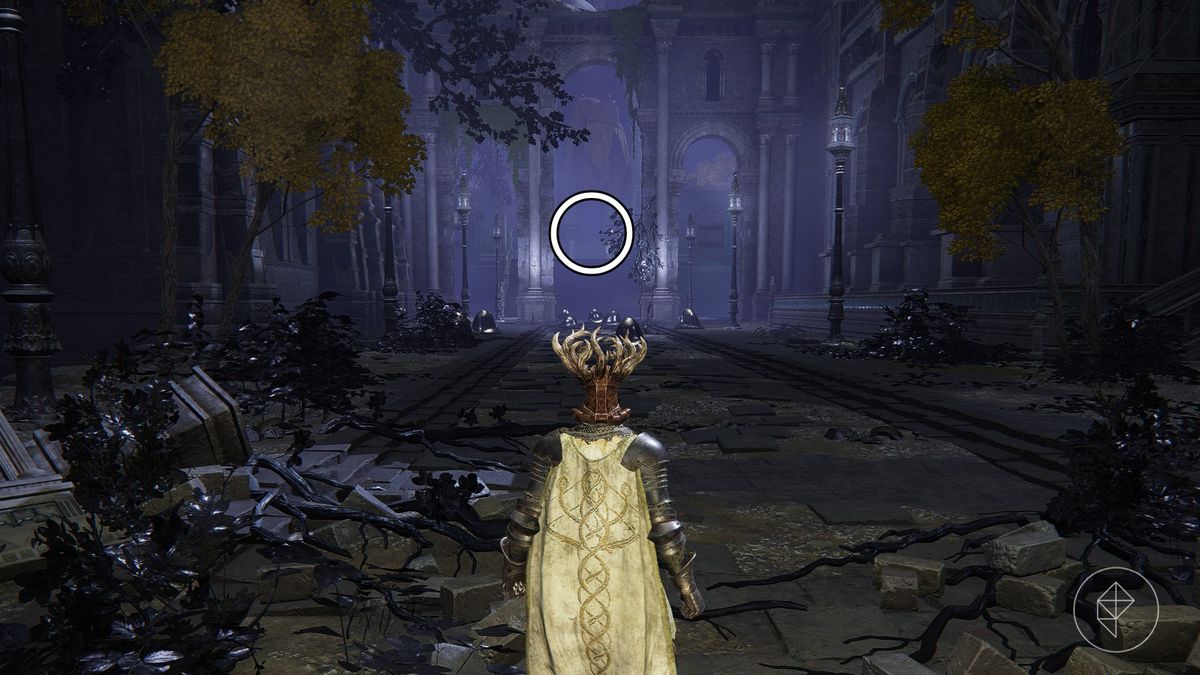 The playable character of Elden Ring standing in front of a group of silver tears, a slime like enemy.