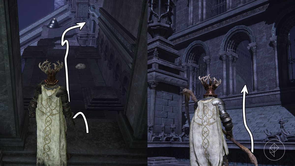 A split image depicting the route up the side of a building in Nokron, Eternal City, of Elden Ring.