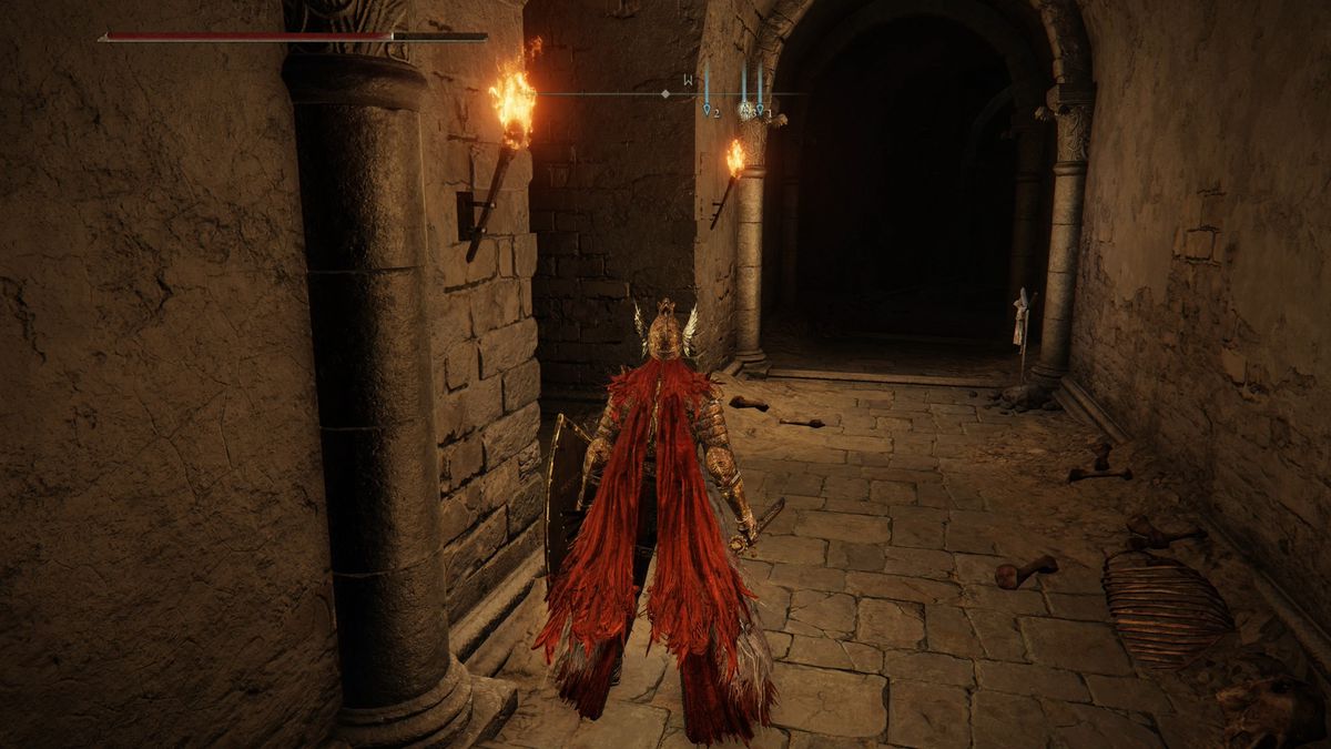 An Elden Ring character stands in a torch-lit hall