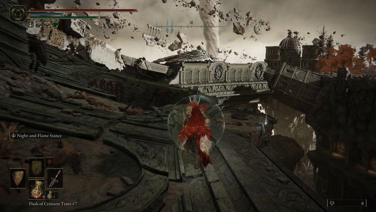 An Elden Ring character runs along a crumbled walkway.