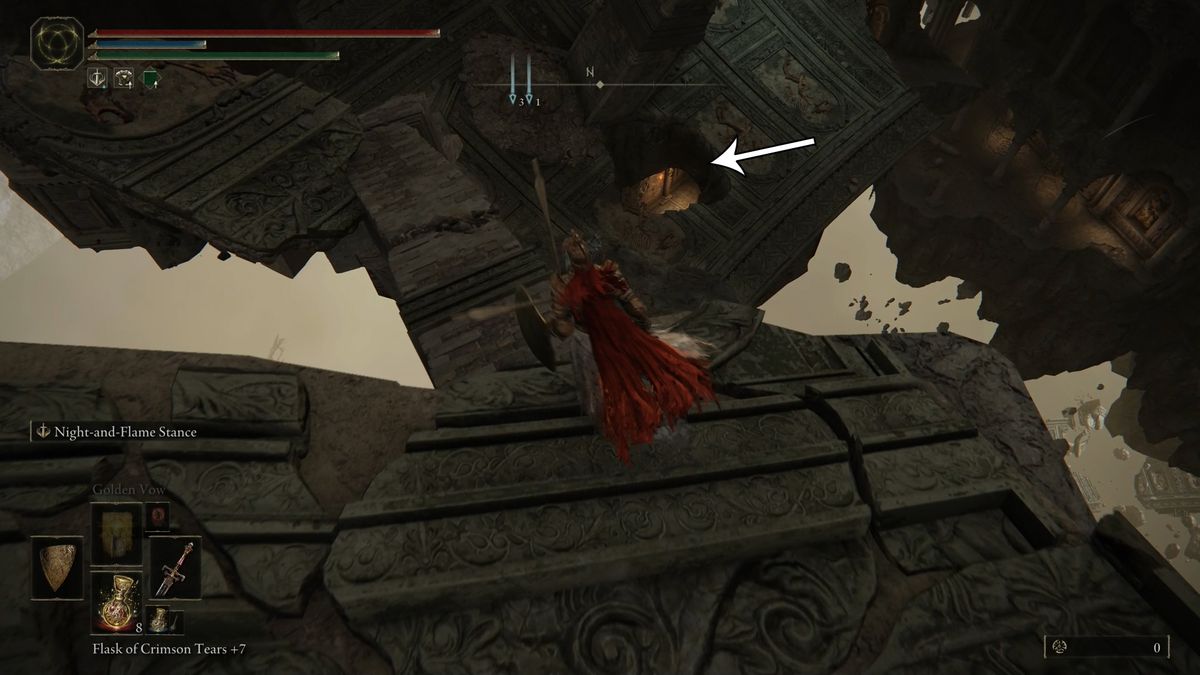 An arrow points to a small opening visible with some torchlight on the other side in Elden Ring