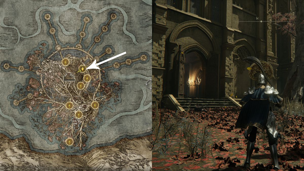 A map showing where to find the church that Malenia is inside of in Elden Ring