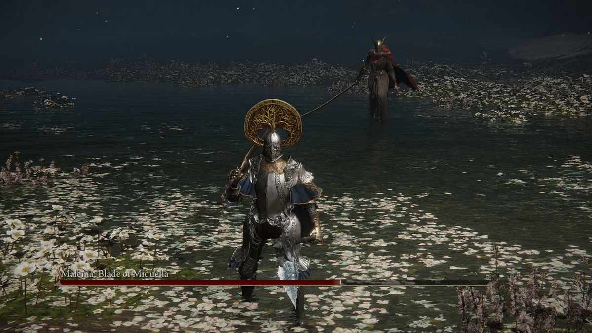 Malenia walks towards the player, sword in hand, with about a third of her HP missing in Elden Ring