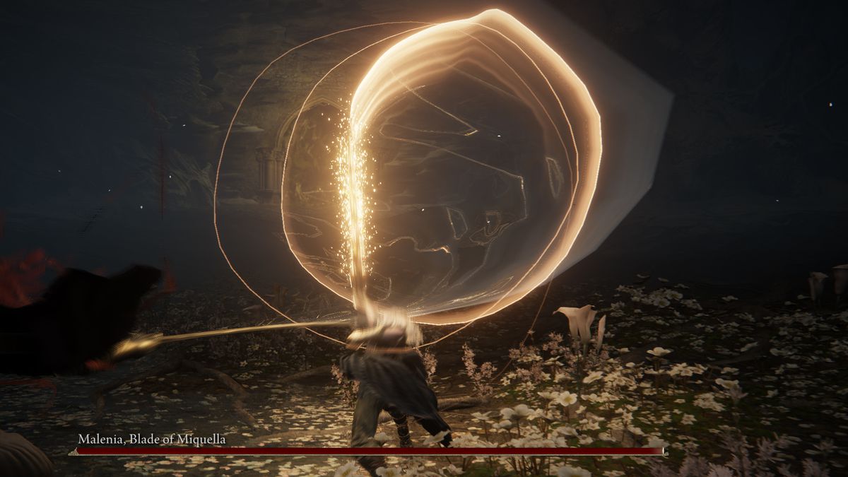 A glowing circle from brandishing a sparking weapon in Elden RIng