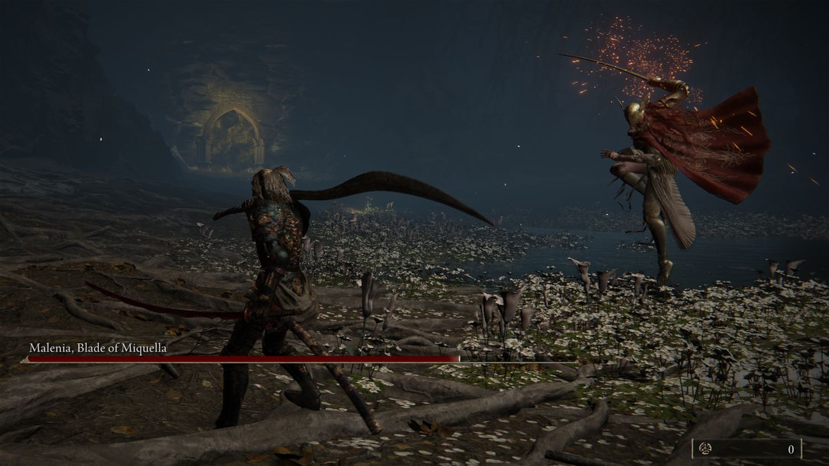 Sparks fly off of Malenia’s weapon as she prepares to lunge at the player in Elden Ring